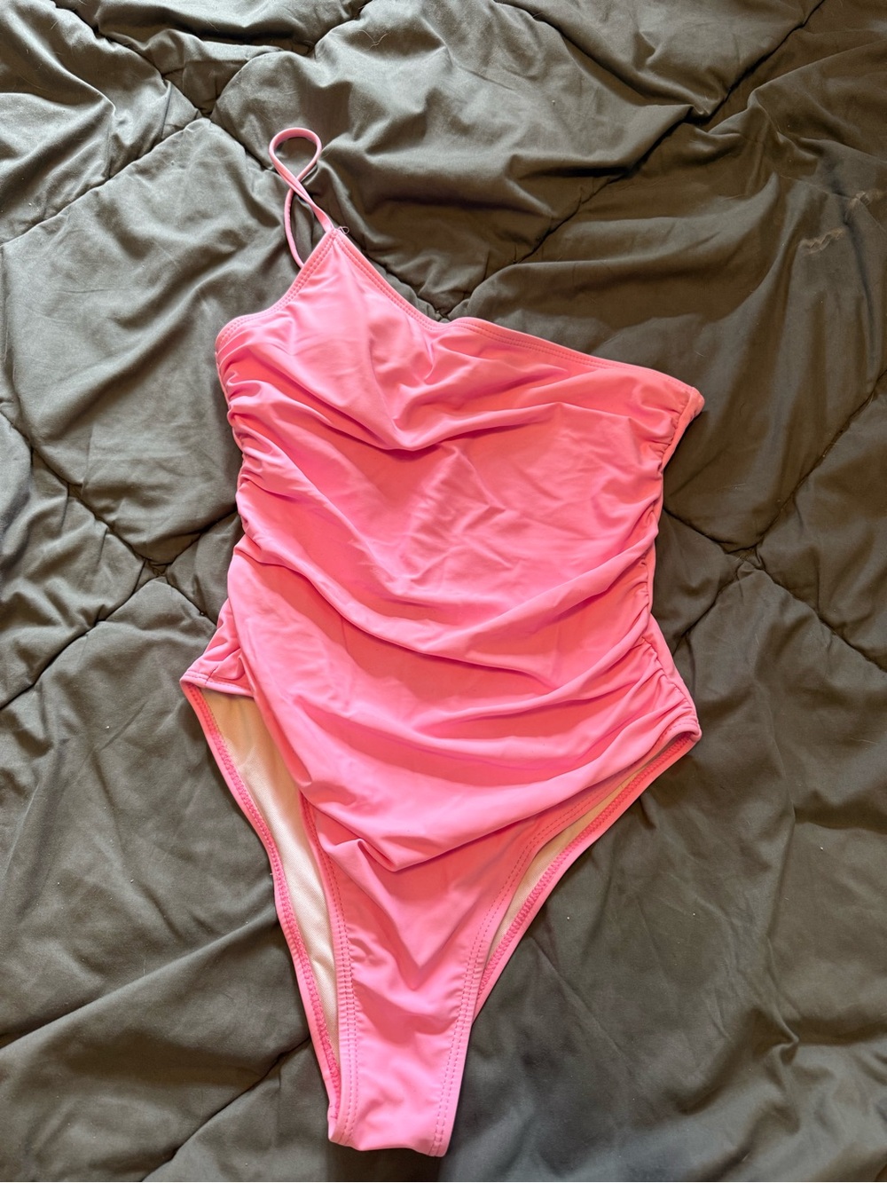 SHEIN Pink One-Shoulder Ruched One-Piece Swimsuit